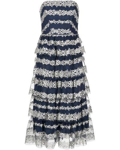 Marchesa Motif-embroidered Tiered Midi Dress - Blue