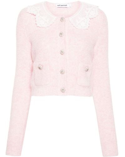 Self-Portrait Lace-collar Ribbed Cardigan - Pink