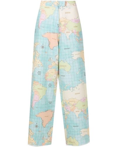 Olympiah World Map-print Cotton Wide-leg Pants - Blue
