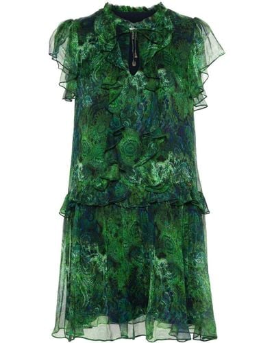 Nissa Ruffled Paisley Silk Mini Dress - Green