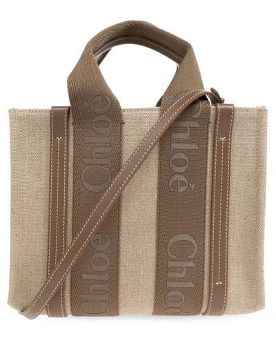 Chloé Small Woody Logo-strap Linen Tote Bag - Brown
