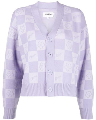 Chocoolate Check-pattern V-neck Cardigan - Purple