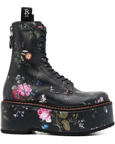 R13 Floral Print Platform Lace-up Boots - Black