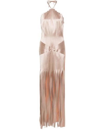 Alberta Ferretti Halterneck Fringed Maxi Dres - Natural