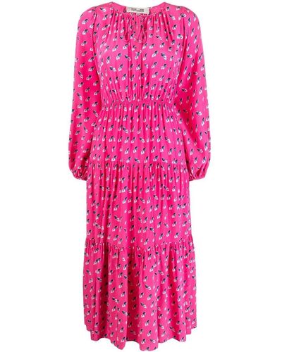 Diane von Furstenberg Long-sleeved Round Neck Midi Dress - Pink