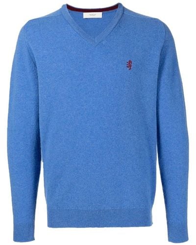 Pringle of Scotland Embroidered-logo V-neck Sweater - Blue