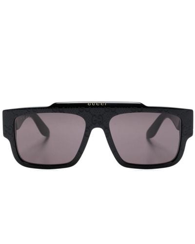 Gucci Black gg Supreme Rectangle-frame Sunglasses - Unisex - Acetate - Grey