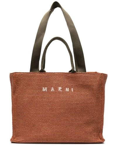 Marni Logo-embroidered Raffia Tote Bag - Brown