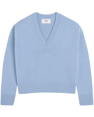 Ami Paris V-neck Wool-cashmere Sweater - Blue