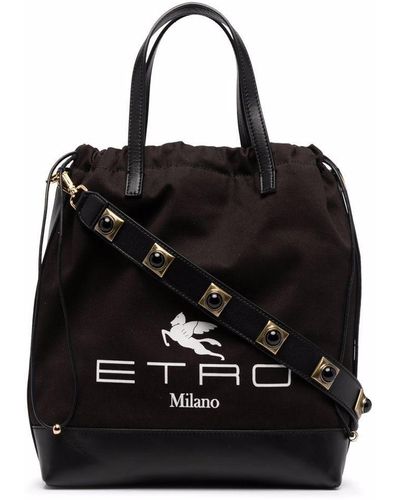 Etro Logo-print Leather-trim Bucket Bag - Black