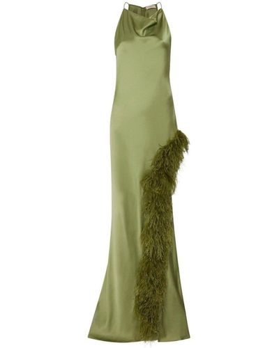 LAPOINTE Feather-trim Halterneck Satin Gown - Green