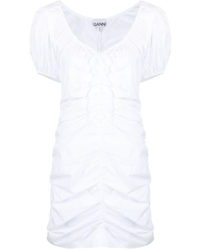 Ganni Ruched Puff-sleeve Minidress - White