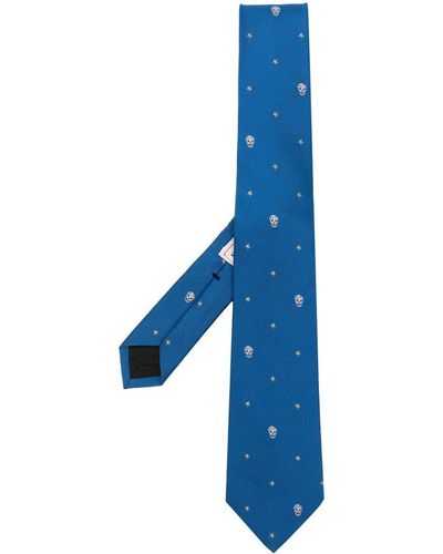 Alexander McQueen Cravate en soie à broderies - Bleu