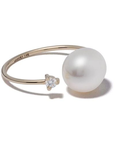 Mizuki 14kt Gelbgoldring mit Perle und einem Diamanten - Weiß