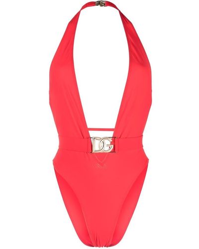 Dolce & Gabbana Plunge-neck halterneck swimsuit - Rojo