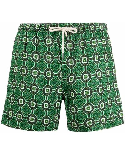 Peninsula Geometric-print Drawstring-waist Swim Shorts - Green