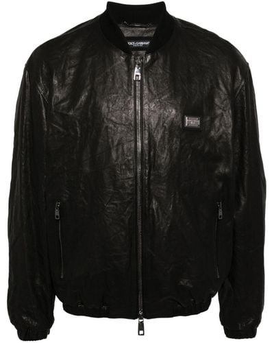 Dolce & Gabbana Crinkled Leather Bomber Jacket - Black