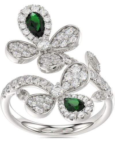 Marchesa 18kt White Gold Floral Emerald And Diamond Ring - Grey