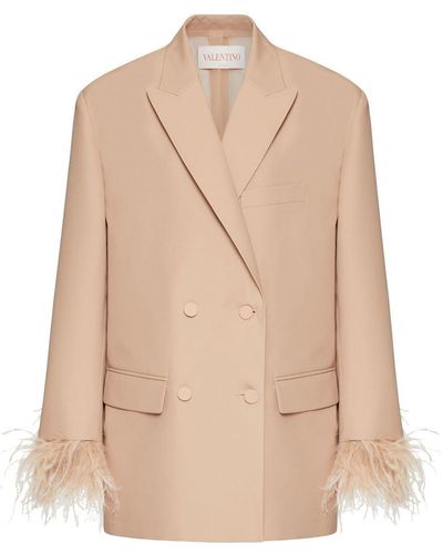 Valentino Garavani Feather-detail Double-breasted Blazer - Natural