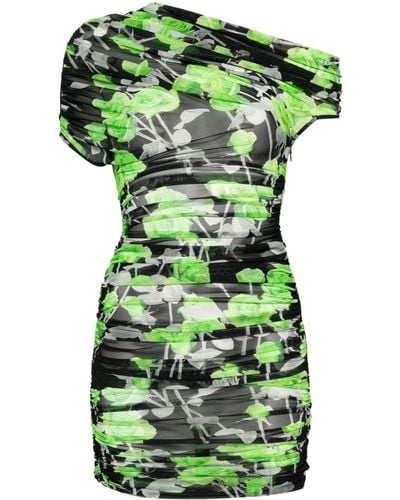 David Koma Rose-print Ruched Mini Dress - Groen