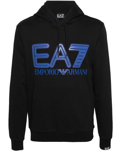 EA7 Logo Series Hooded Cotton Sweatshirt - Blue