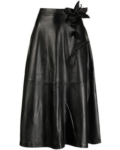 Elie Saab Floral-embroidered Leather Midi Skirt - Black