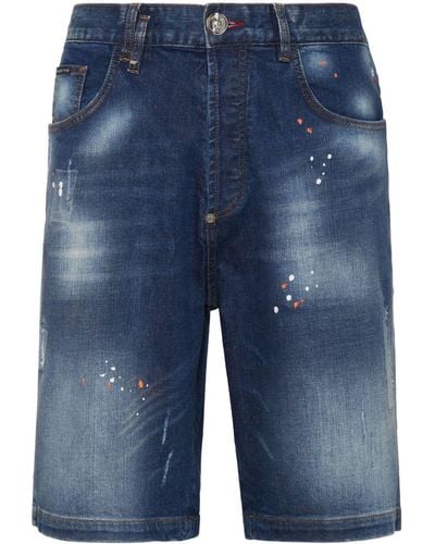 Philipp Plein Jeans-Shorts mit Farbklecks-Print - Blau
