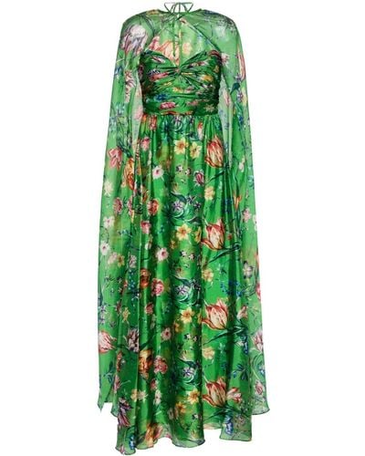 Marchesa Ribbons Floral-print Cape Gown - Green