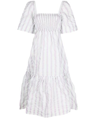 Ganni Striped Seersucker Midi Dress - White