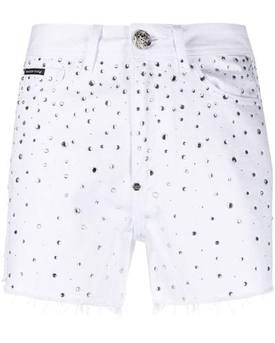 Philipp Plein Crystal-embellished Denim Shorts - White