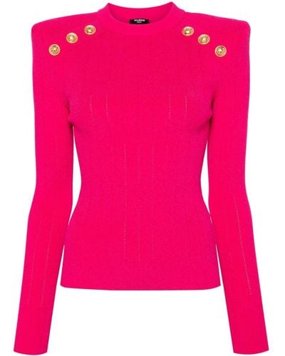 Balmain Decorative-buttons Ribbed-knit Jumper - Pink