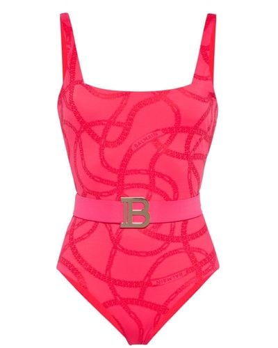 Balmain Chain-print Belted Swimsuit - Pink