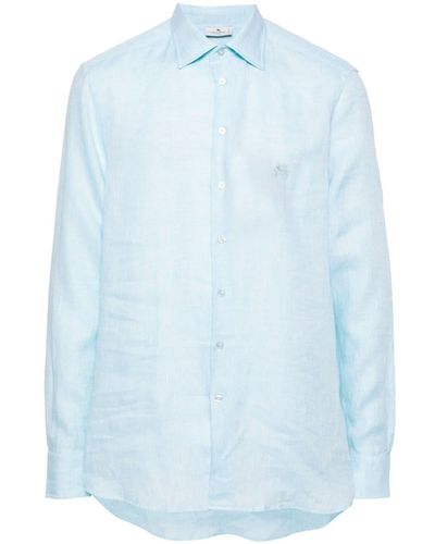 Etro Pegaso-embroidered Linen Shirt - Blauw