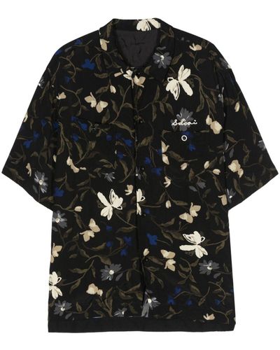 Sacai Embroidered-logo Floral-print Shirt - Black