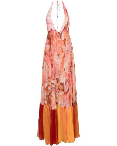 Roberto Cavalli Open-back Feather-print Maxi Dress - Orange