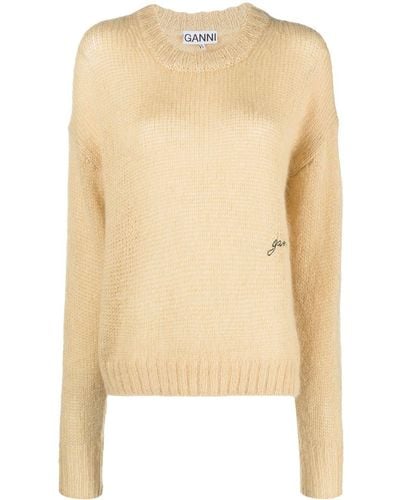 Ganni Logo-embroidered Knitted Sweater - Natural
