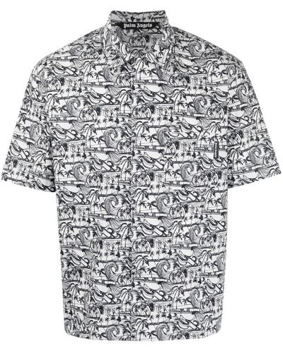 Palm Angels Bowlinghemd mit Wellen-Print - Grau