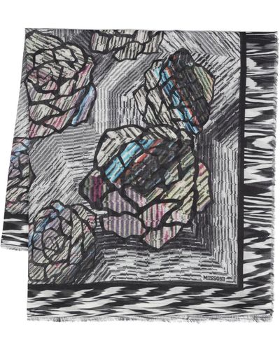 Missoni Floral fringed striped scarf - Gris