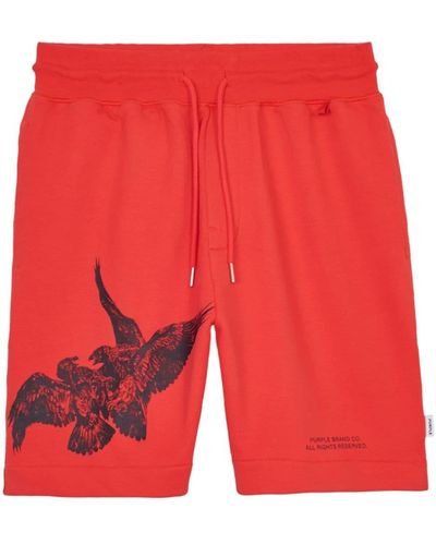 Purple Brand Short de sport en coton à imprimé oiseau - Rouge