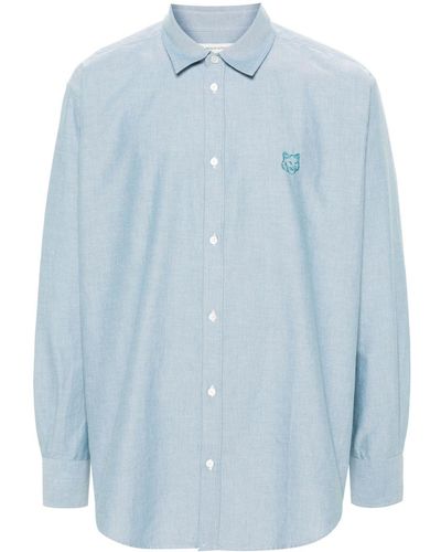 Maison Kitsuné Contour Fox Head-embroidery Cotton Shirt - Blue