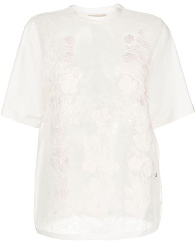 Elie Saab T-shirt transparent à appliqués fleurs - Blanc