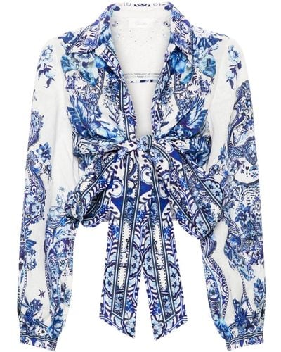 Camilla Cropped Blouse Met Print - Blauw