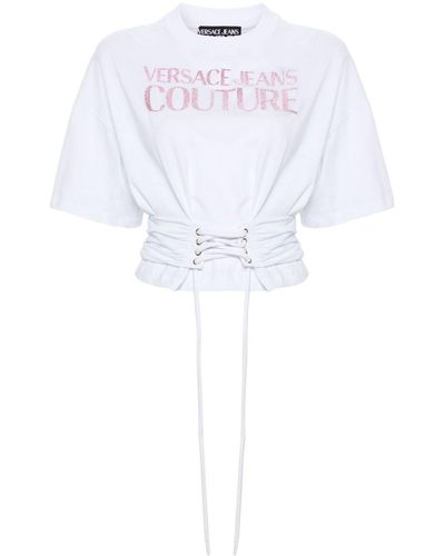 Versace Jeans Couture Geschnürtes T-Shirt mit Glitter-Logo - Weiß