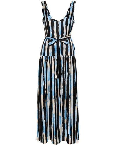 Pinko Once Long Dress With Vertical Stripes And Belt - Blue