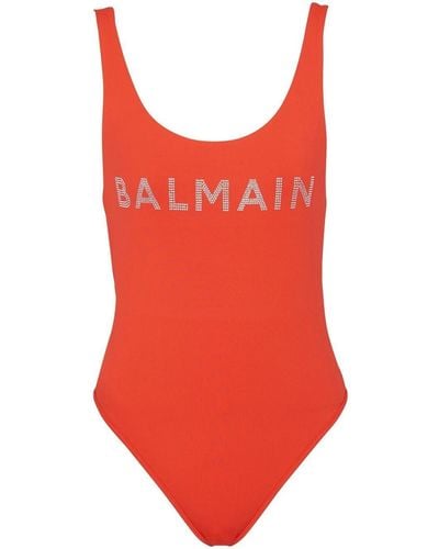 Balmain Badeanzug mit Logo-Print - Rot