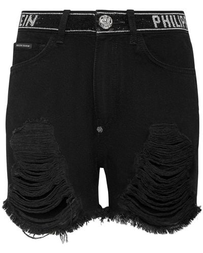 Philipp Plein Crystal-embellished Raw-cut Denim Shorts - Black
