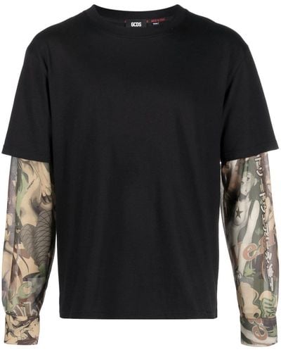 Gcds Graphic-print Layered Cotton T-shirt - Black