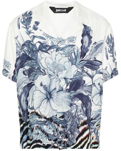 Just Cavalli Floral-print Bowling Shirt - Blue