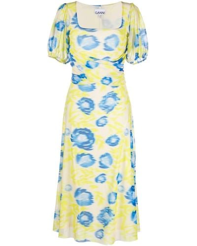 Ganni Midi-jurk Met Bloemenprint - Blauw