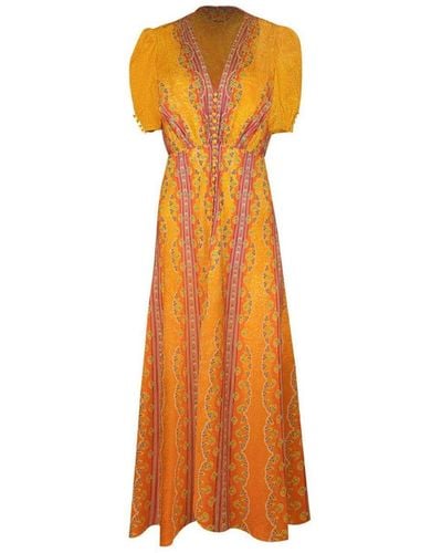 Saloni Lea Graphic Print Silk Dress - Orange